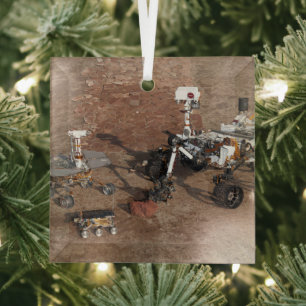 Three Generations Of Mars Rovers. Glass Ornament