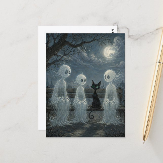 Three Ghost and a Black Cat Postcard (Front/Back In Situ)