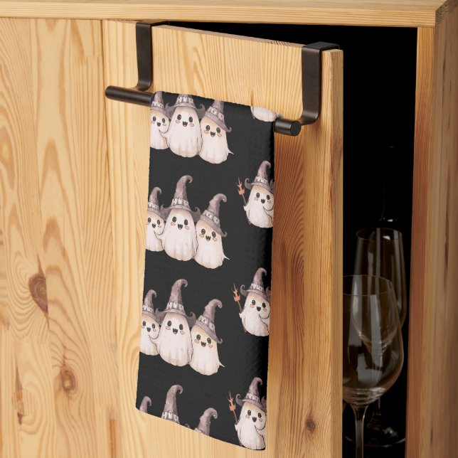 Three Ghosts Gray Witch's Hats Pattern Halloween Kitchen Towel (Thirds Fold)