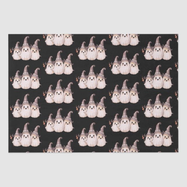 Three Ghosts Gray Witch's Hats Pattern Halloween Tissue Paper (Front)
