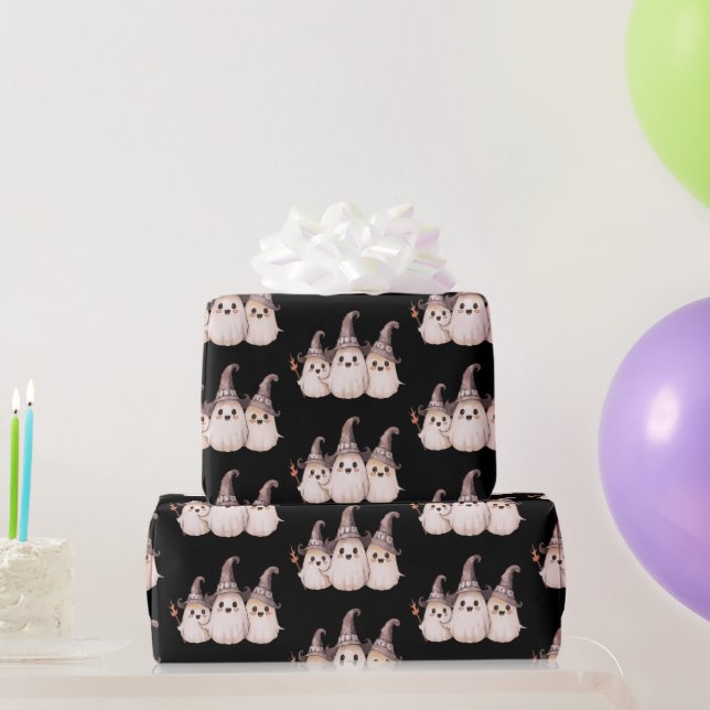 Three Ghosts Gray Witch's Hats Pattern Halloween Wrapping Paper (Party Gifts)