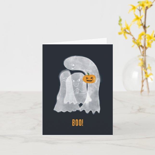 Three ghosts holding a scary pumpkin! card (Yellow Flower)