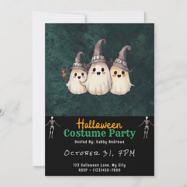 Three Ghosts Witch's Hats Black Halloween Invitation (Front)