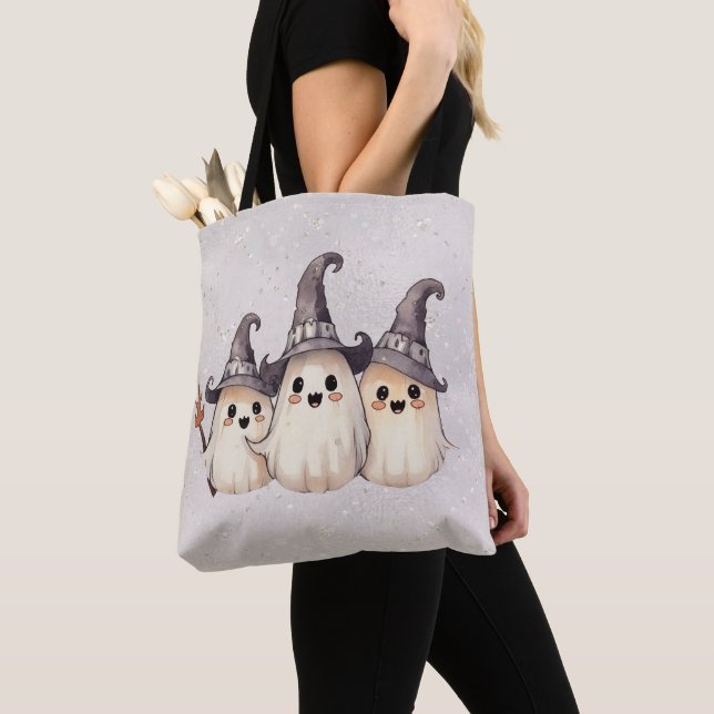 Three Ghosts Witch's Hats Silver Glitter Halloween Tote Bag (Close Up)