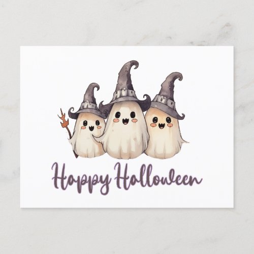 Three Ghosts Witchs Hats White Happy Halloween Holiday Postcard
