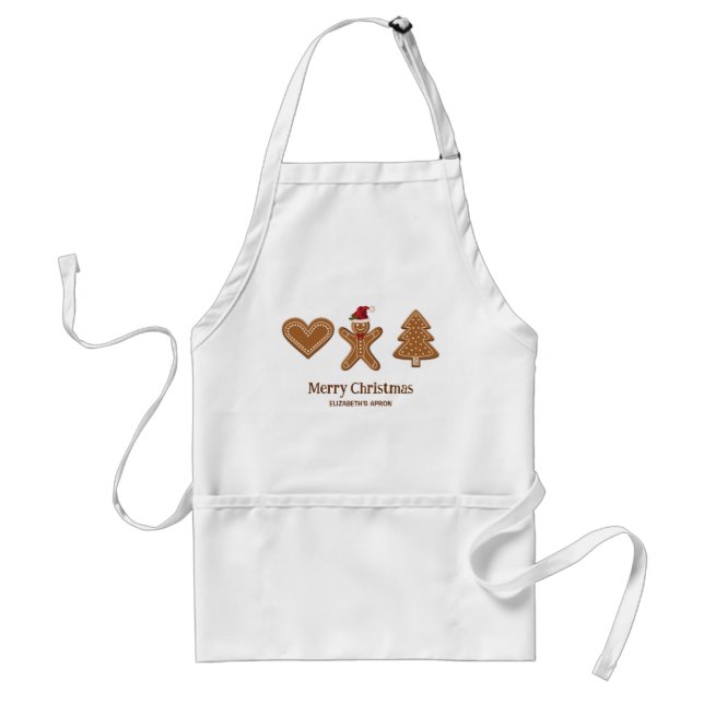 Three Gingerbread Christmas Cookie Shapes & Text Adult Apron (Front)