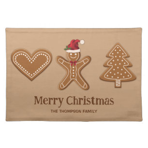 Three Gingerbread Christmas Cookie Shapes & Text Cloth Placemat