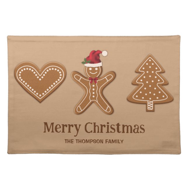 Three Gingerbread Christmas Cookie Shapes & Text Cloth Placemat (Front)