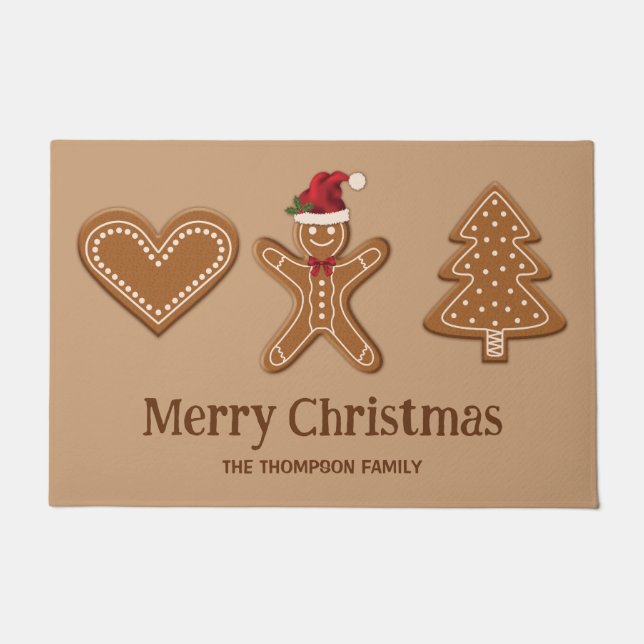 Three Gingerbread Christmas Cookie Shapes & Text Doormat (Front)