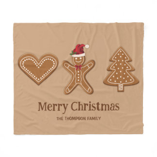 Three Gingerbread Christmas Cookie Shapes &amp; Text Fleece Blanket