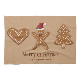 Three Gingerbread Christmas Cookie Shapes &amp; Text Kitchen Towel