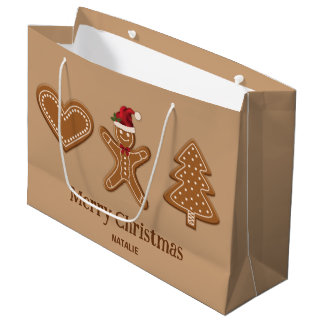 Three Gingerbread Christmas Cookie Shapes &amp; Text Large Gift Bag