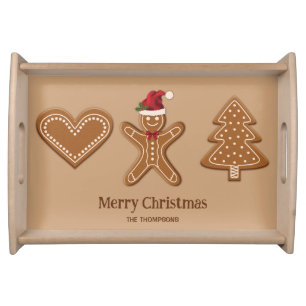Three Gingerbread Christmas Cookie Shapes & Text Serving Tray