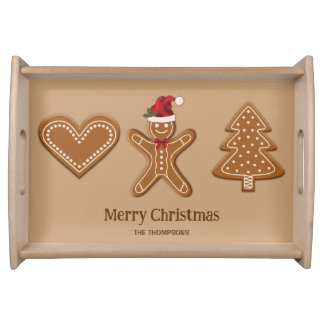 Three Gingerbread Christmas Cookie Shapes &amp; Text Serving Tray