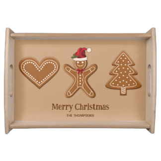 Three Gingerbread Christmas Cookie Shapes & Text Serving Tray