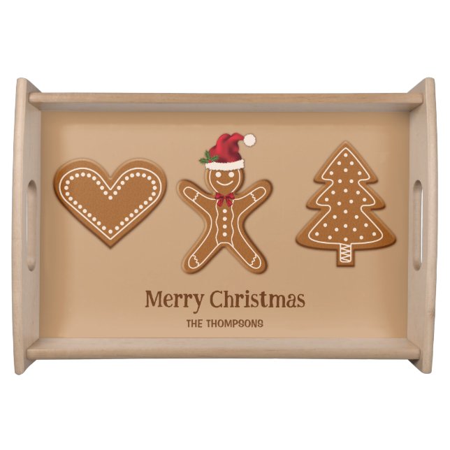 Three Gingerbread Christmas Cookie Shapes & Text Serving Tray (Front)