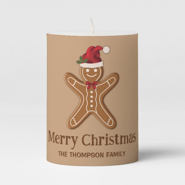 Three Gingerbread Christmas Cookies & Custom Text Pillar Candle (Front)