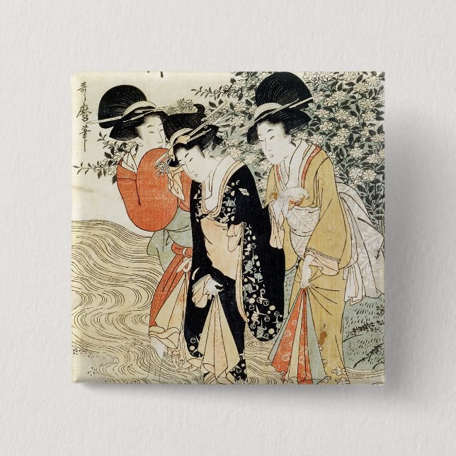 Three girls paddling in a river, from the 'Fashion Button (Front)