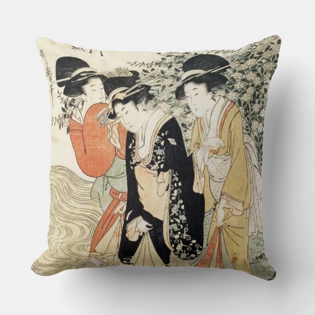 Three girls paddling in a river, from the 'Fashion Throw Pillow (Front)