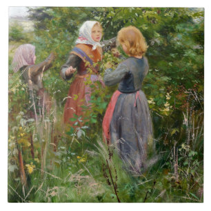 Three Girls Picking Blackberries (by Brendekilde) Ceramic Tile