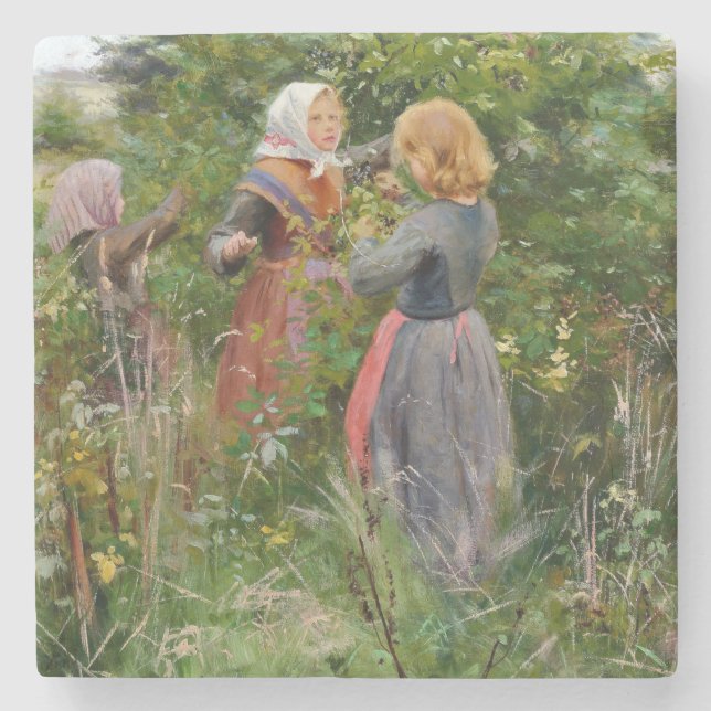 Three Girls Picking Blackberries (by Brendekilde) Stone Coaster (Front)