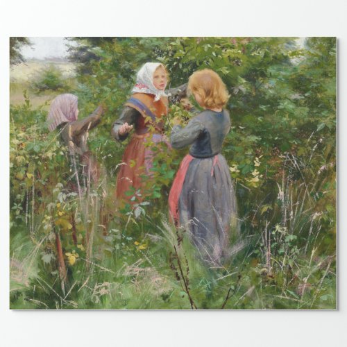 Three Girls Picking Blackberries by Brendekilde Wrapping Paper