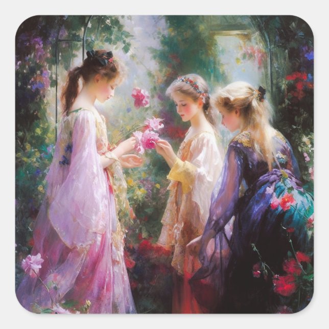 Three girls playing in a garden  square sticker (Front)