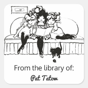 Three Girls Reading With a Cat Bookplate