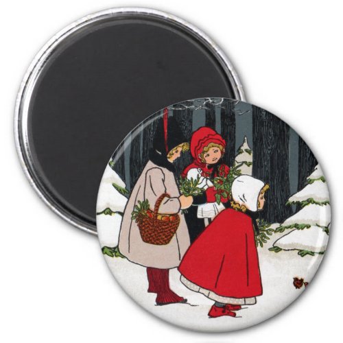 Three Girls with Mistletoe Vintage Christmas Magnet