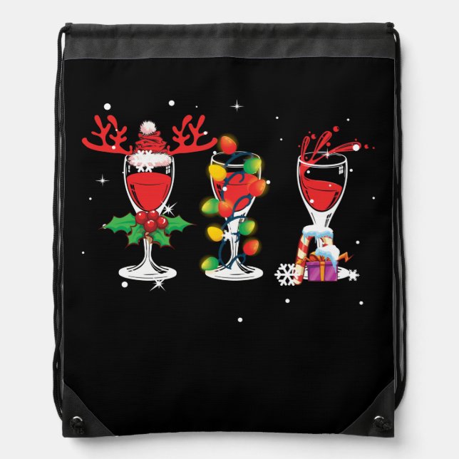 Three Glass of Red Wine Santa Hat Christmas Drawstring Bag (Front)