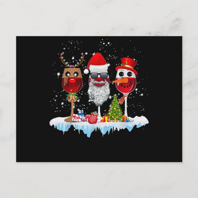 Three Glasses Of Wine Christmas Lights Santa Hat x Announcement Postcard (Front)