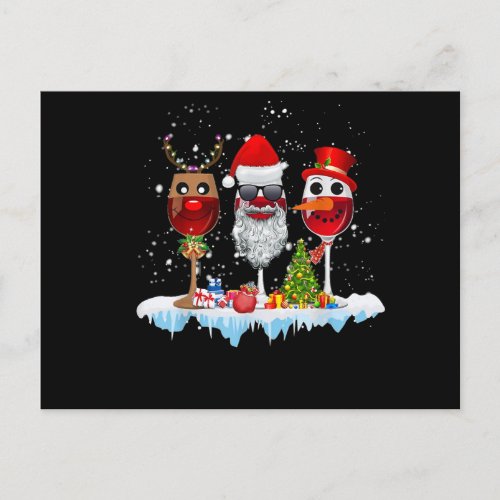 Three Glasses Of Wine Christmas Lights Santa Hat x Invitation Postcard