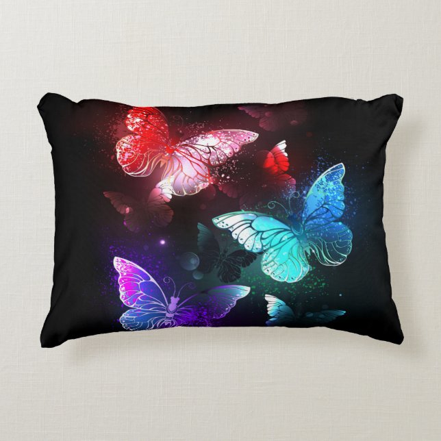 Three Glowing Butterflies on night background Accent Pillow (Front)