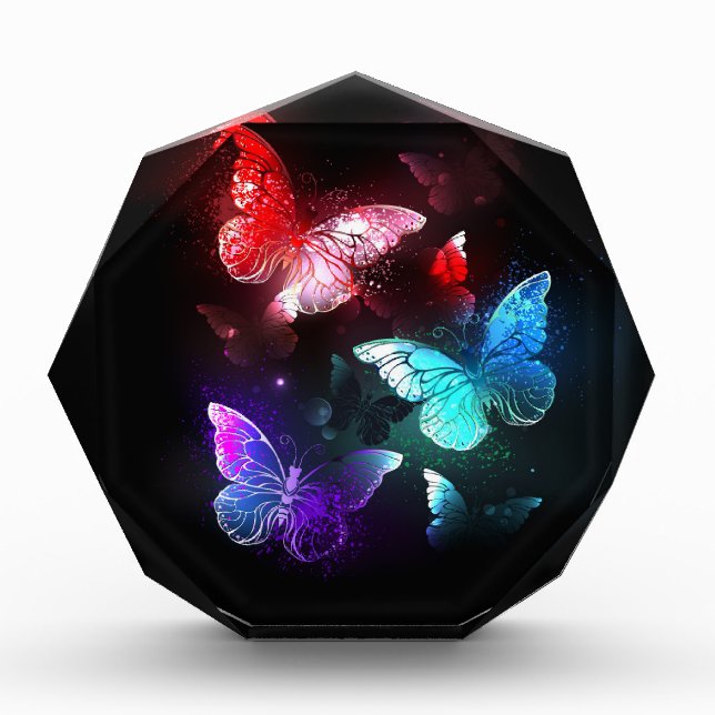Three Glowing Butterflies on night background Acrylic Award (Front)