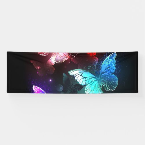 Three Glowing Butterflies on night background Banner