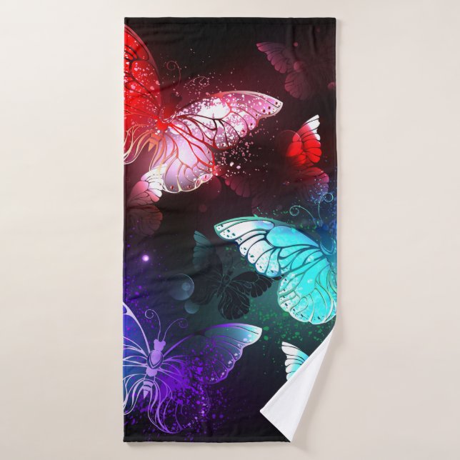 Three Glowing Butterflies on night background Bath Towel (Bath Towel)