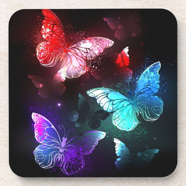 Three Glowing Butterflies on night background Beverage Coaster (Front)