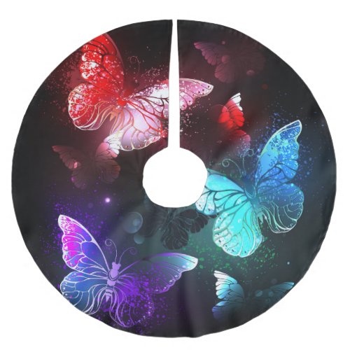Three Glowing Butterflies on night background Brushed Polyester Tree Skirt