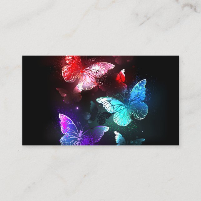 Three Glowing Butterflies on night background Business Card (Front)