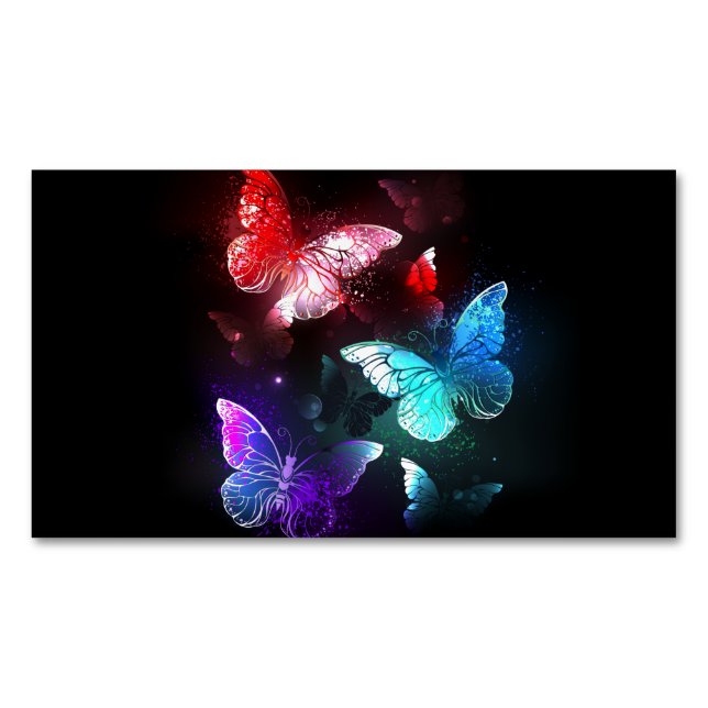 Three Glowing Butterflies on night background Business Card Magnet (Front)
