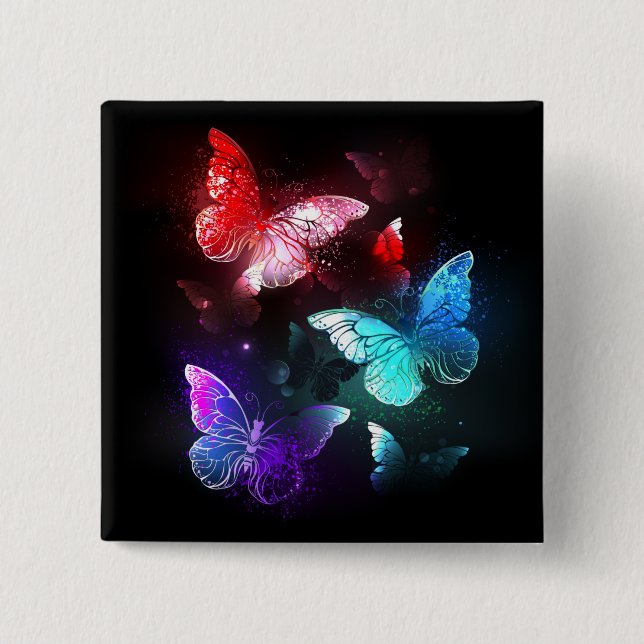 Three Glowing Butterflies on night background Button (Front)