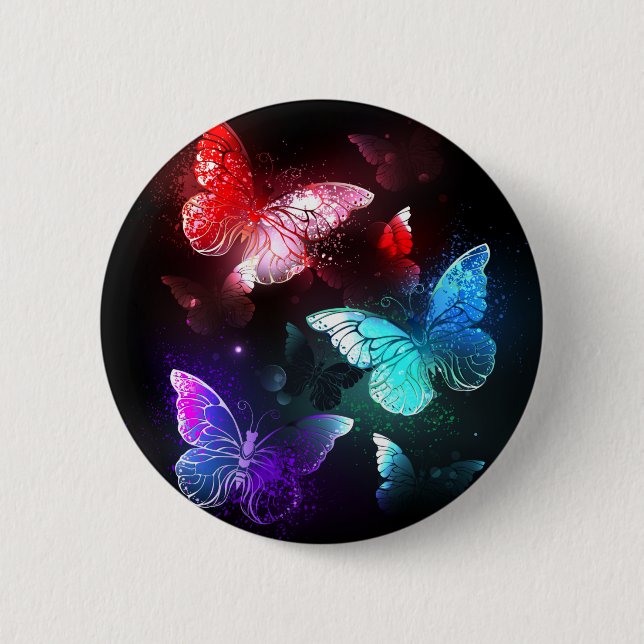 Three Glowing Butterflies on night background Button (Front)