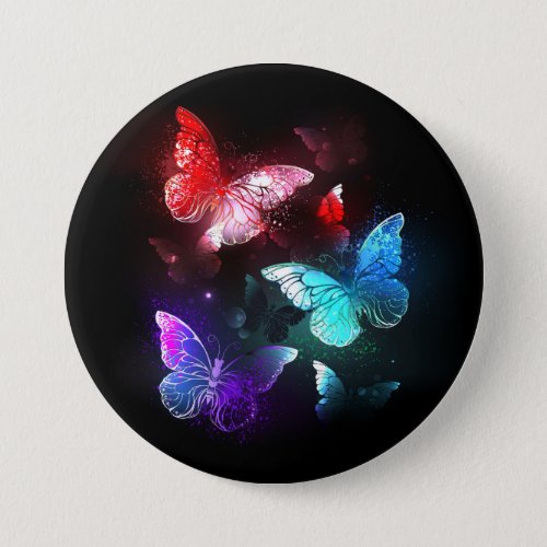 Three Glowing Butterflies on night background Button