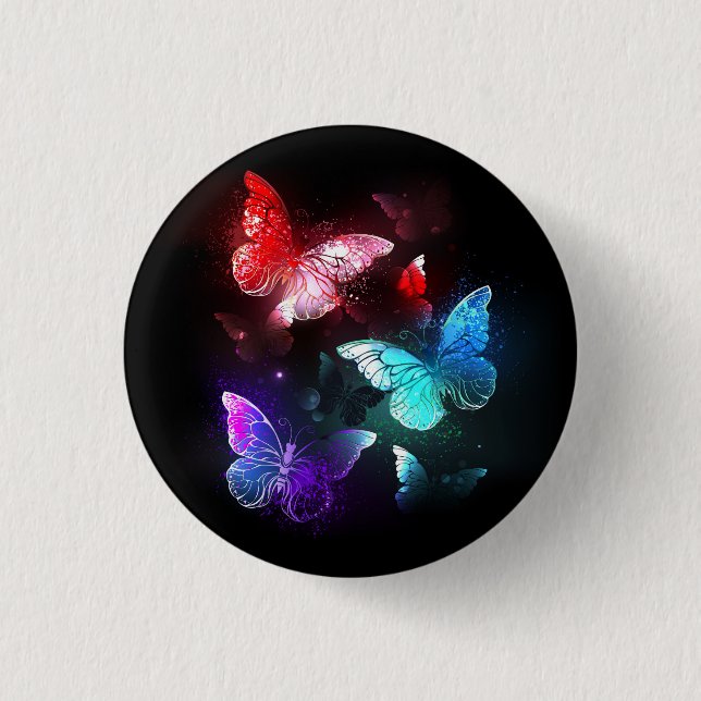 Three Glowing Butterflies on night background Button (Front)