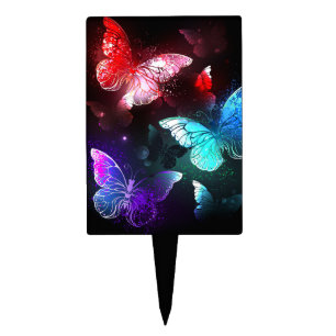 Three Glowing Butterflies on night background Cake Topper