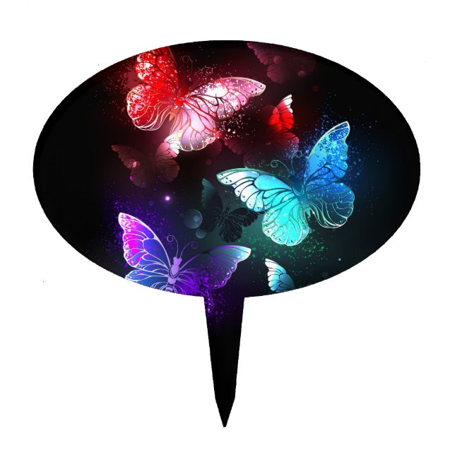Three Glowing Butterflies on night background Cake Topper (Front)