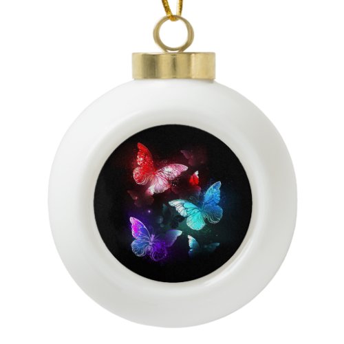 Three Glowing Butterflies on night background Ceramic Ball Christmas Ornament
