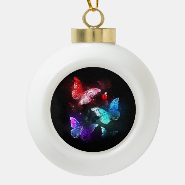 Three Glowing Butterflies on night background Ceramic Ball Christmas Ornament (Front)