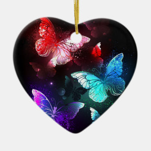 Three Glowing Butterflies on night background Ceramic Ornament