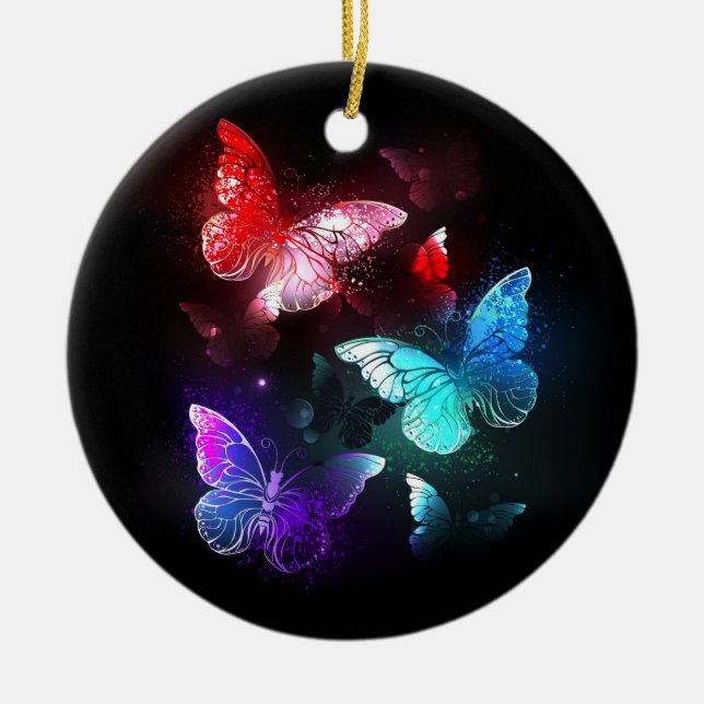 Three Glowing Butterflies on night background Ceramic Ornament (Front)